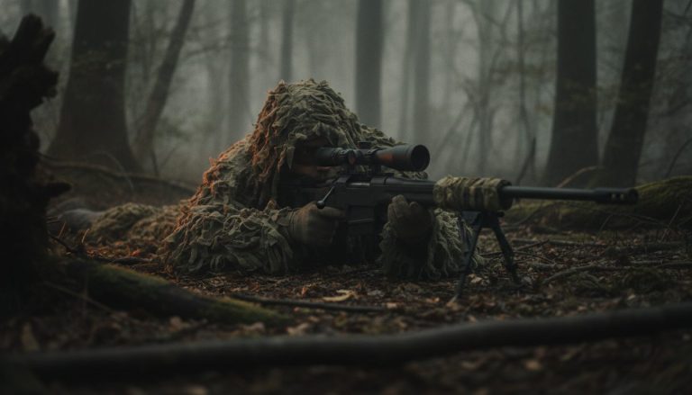 Airsoft-snigskytte i camouflage der ligger i skjul i skoven med en sniperrifle