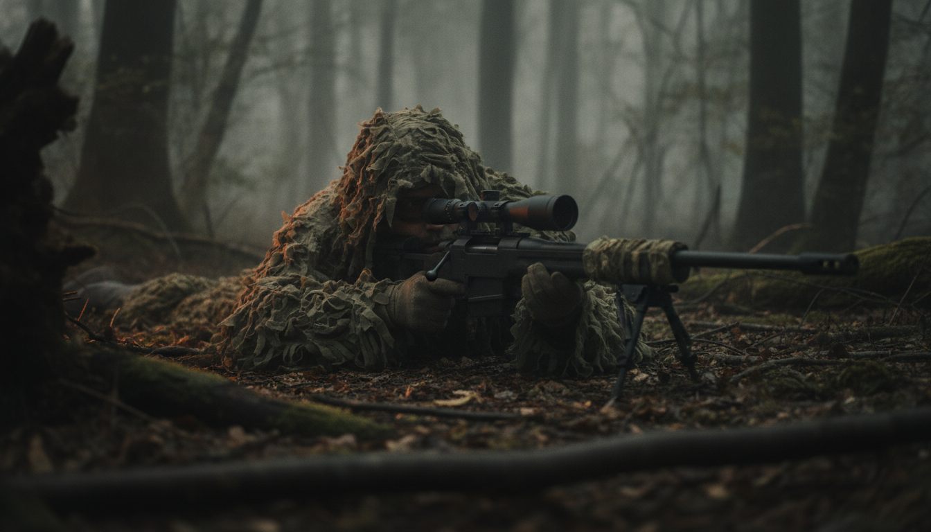 Airsoft-snigskytte i camouflage der ligger i skjul i skoven med en sniperrifle