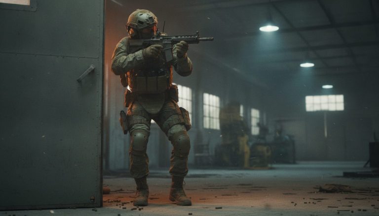 Airsoft-spiller rydder et rum i en bygning under tætkamp (CQB)