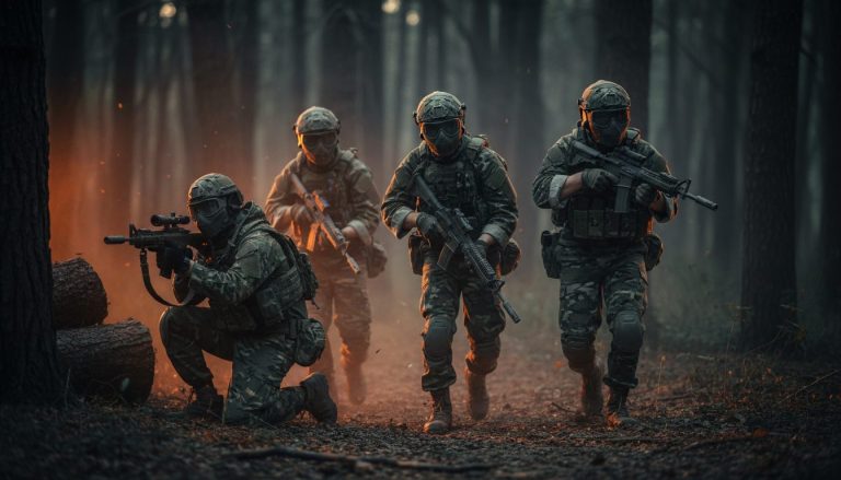 Et hold airsoft-spillere rykker taktisk frem gennem skoven