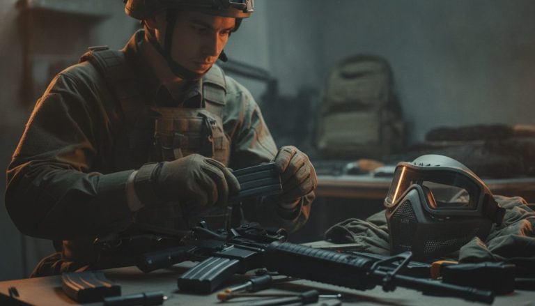 En nybegynder gør sit airsoft-udstyr klar før første spildag