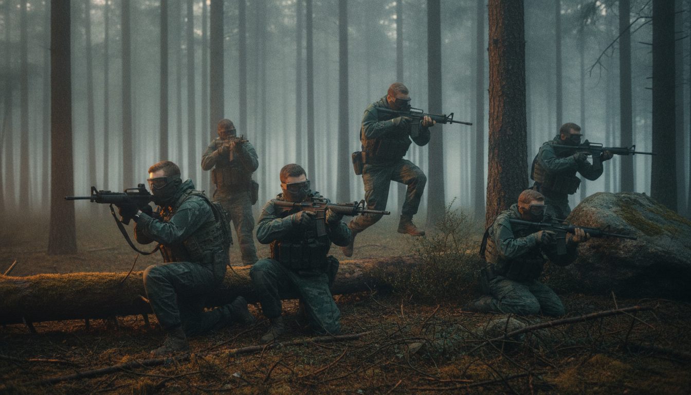 Unge mænd spiller hardball med softgun-våben i en dansk skov