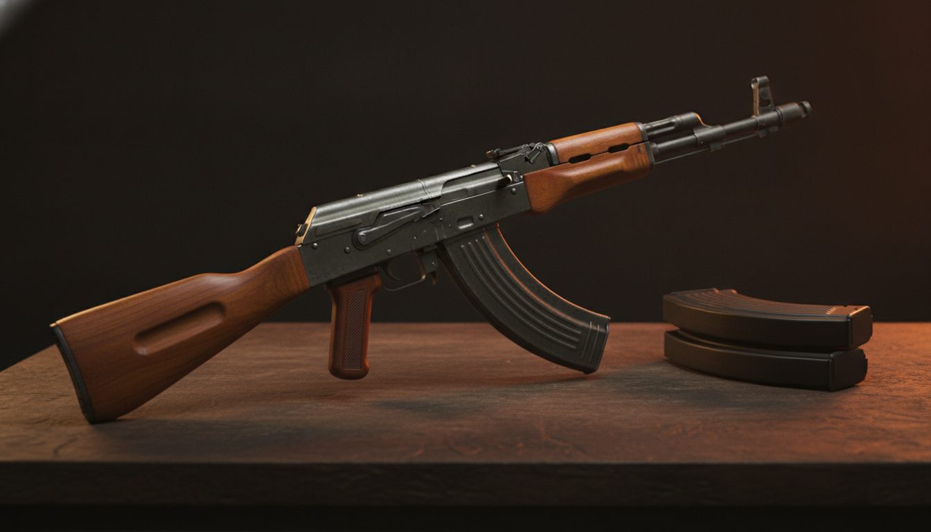 AK-47 softgun med træskæfte lagt diagonalt på et mørkt bord