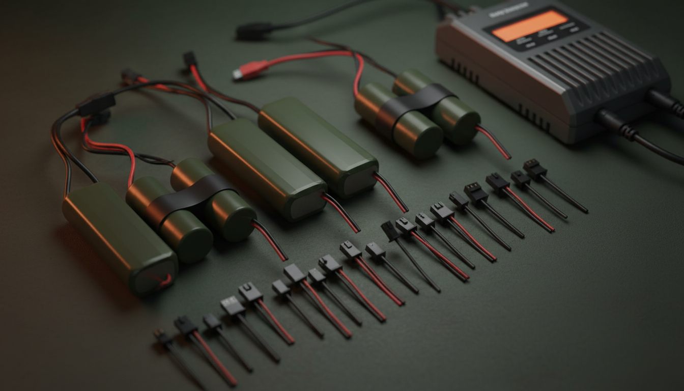LiPo-batterier i forskellige faconer med balancelader set ovenfra