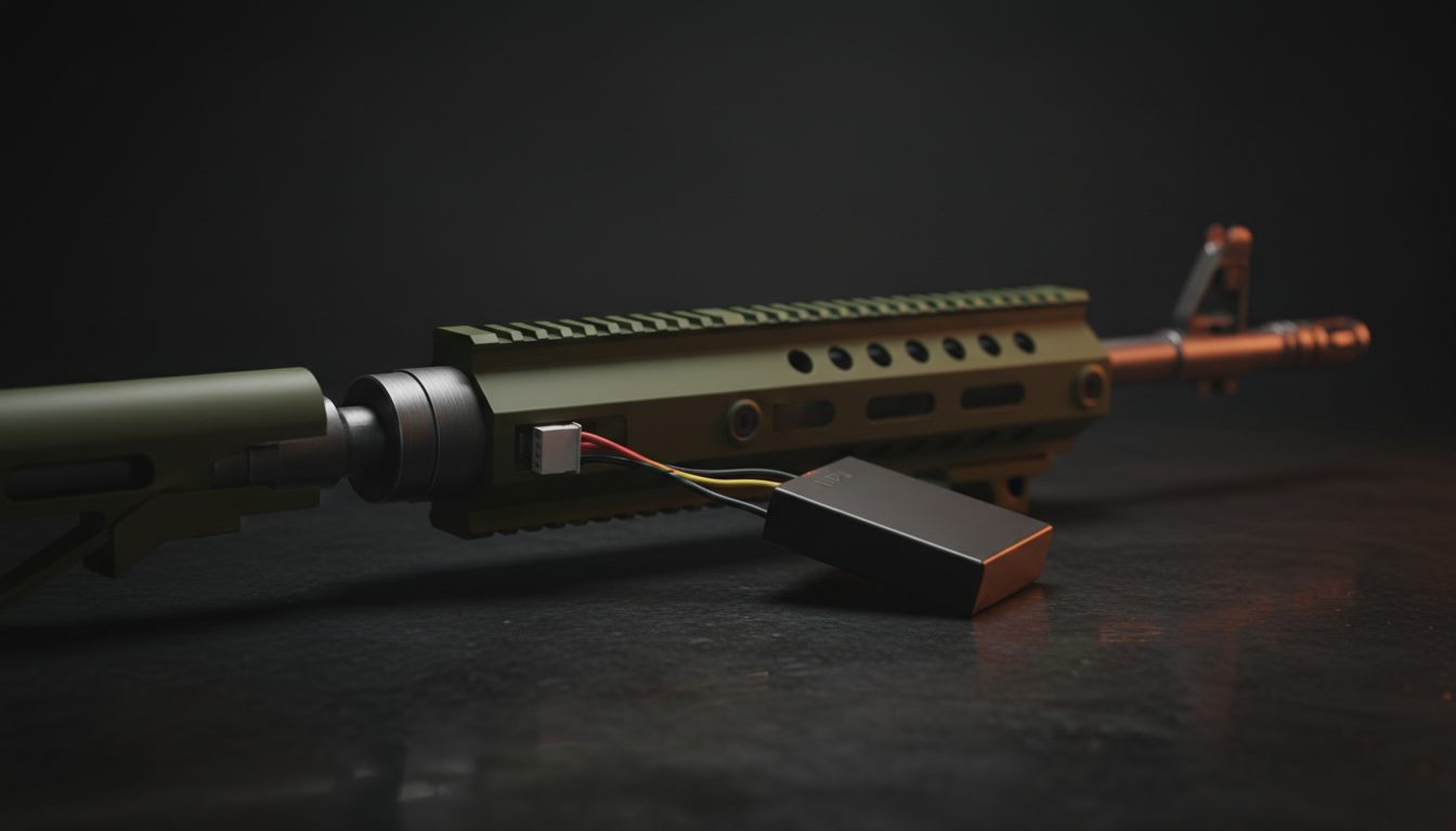 El-drevet airsoft-gevær med LiPo-batteri tilsluttet i skæftet