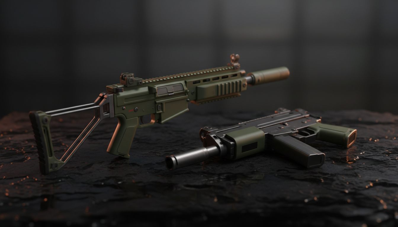 Kompakt CQB-gevær og en SMG stillet op ved siden af hinanden