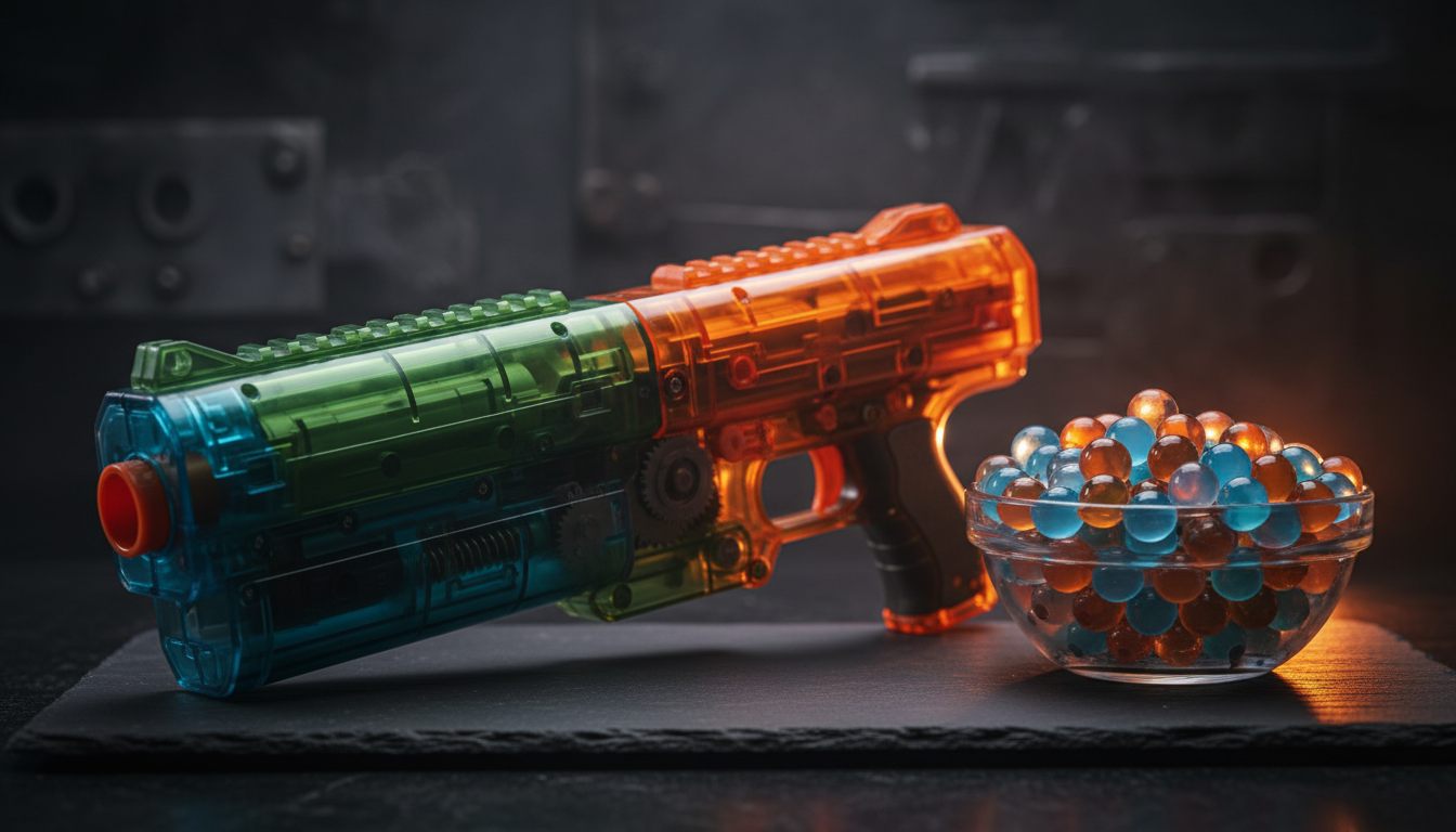 Gel blaster med gennemsigtigt hus ved siden af en skål med opsvulmede gelkugler