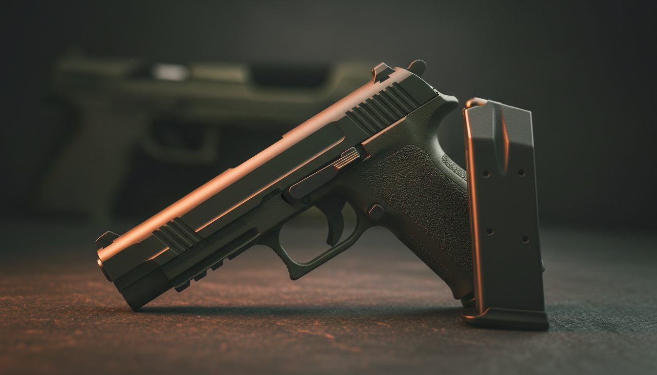 Glock-lignende softgun-pistol med udtaget magasin på mørkt underlag