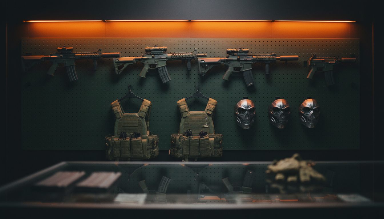 Butiksvæg med airsoft-geværer, masker og taktisk udstyr hængt op