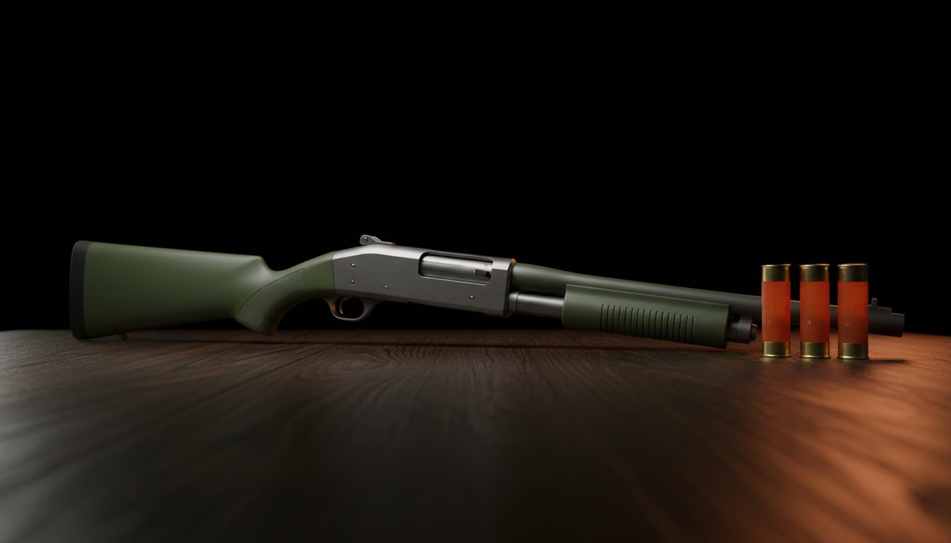 Airsoft-haglgevær med pumpe-forskæfte og skaller på et mørkt bord