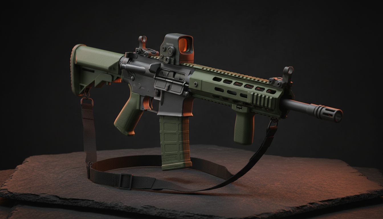 M4-softgun set i tre-kvart vinkel med magasin og red dot monteret
