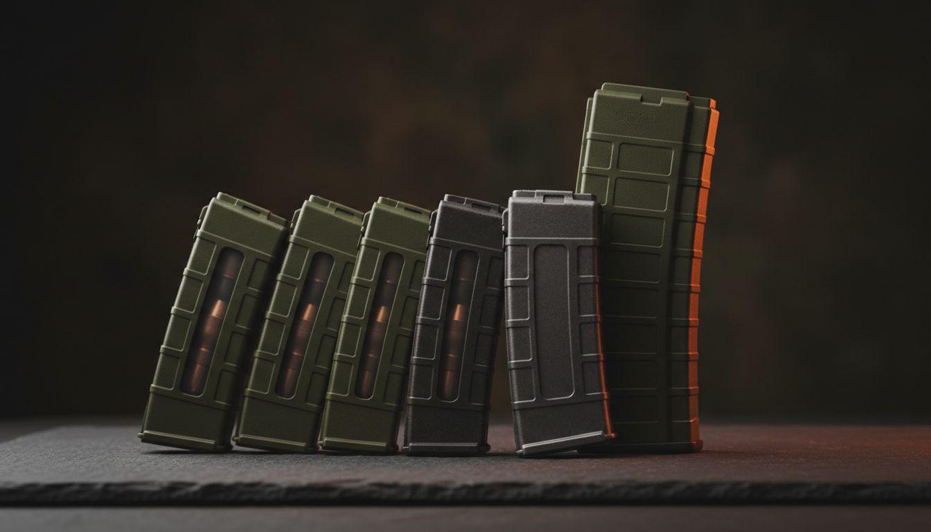 Stak af airsoft-magasiner lagt ud i vifte på et mørkt bord