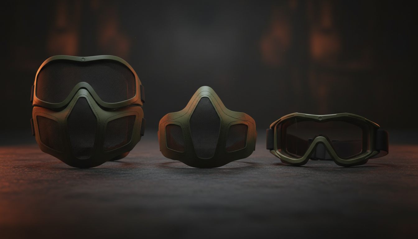 Række af airsoft-fuldmasker og beskyttelsesbriller stillet op ved siden af hinanden