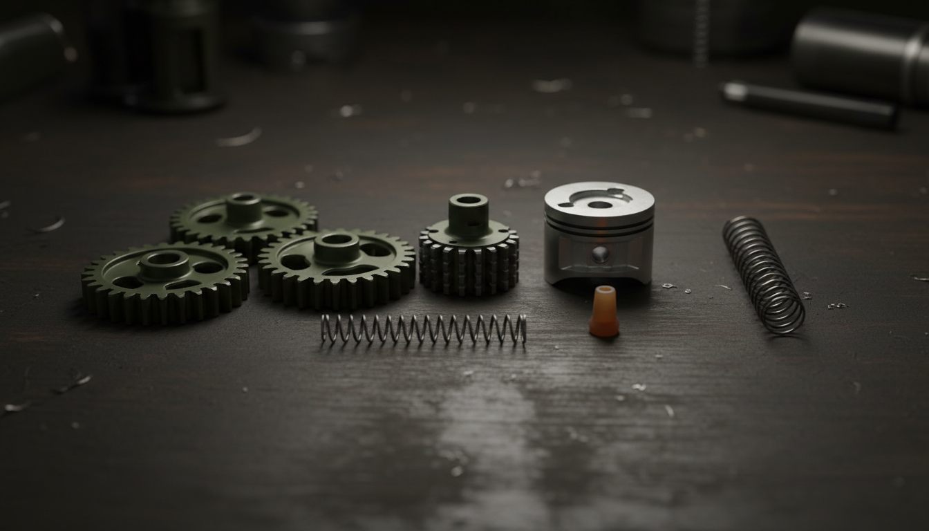 Gearbox-dele, tandhjul, stempel og hop-up-gummi lagt ud som eksploderet opstilling