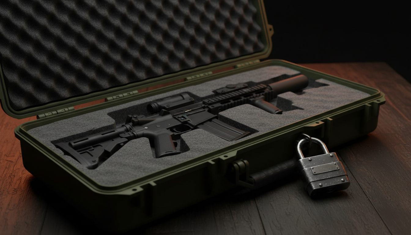 Softgun pakket ned i en aflåst hard case klar til lovlig transport