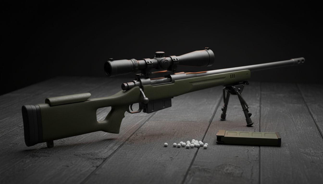 Airsoft-snigskytterifle med kikkertsigte og bipod lagt frem på et mørkt underlag