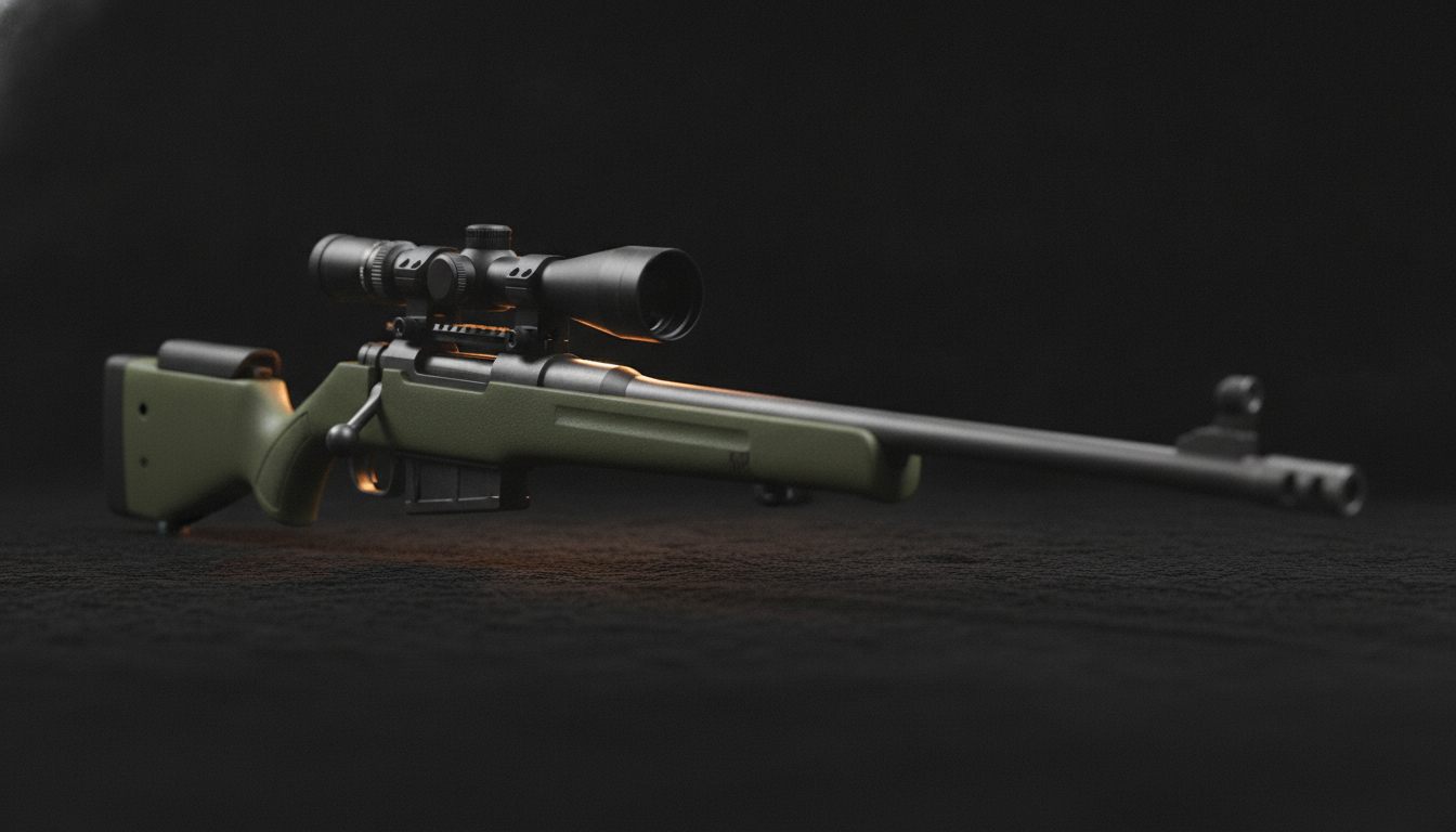 Prisvenlig bolt-action snigskytterifle med kikkertsigte på et mørkt underlag