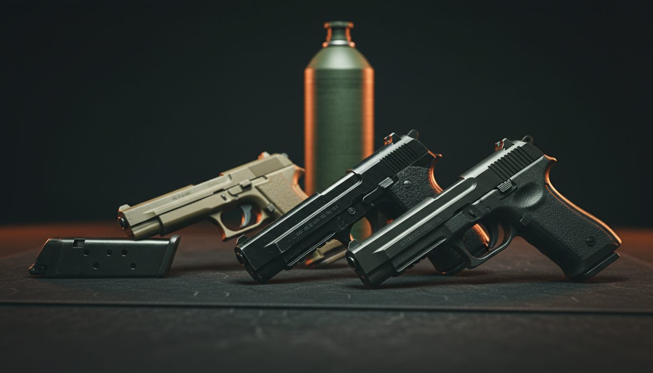 Flere softgun-pistoler med magasiner og en gasflaske stillet op på et mørkt bord