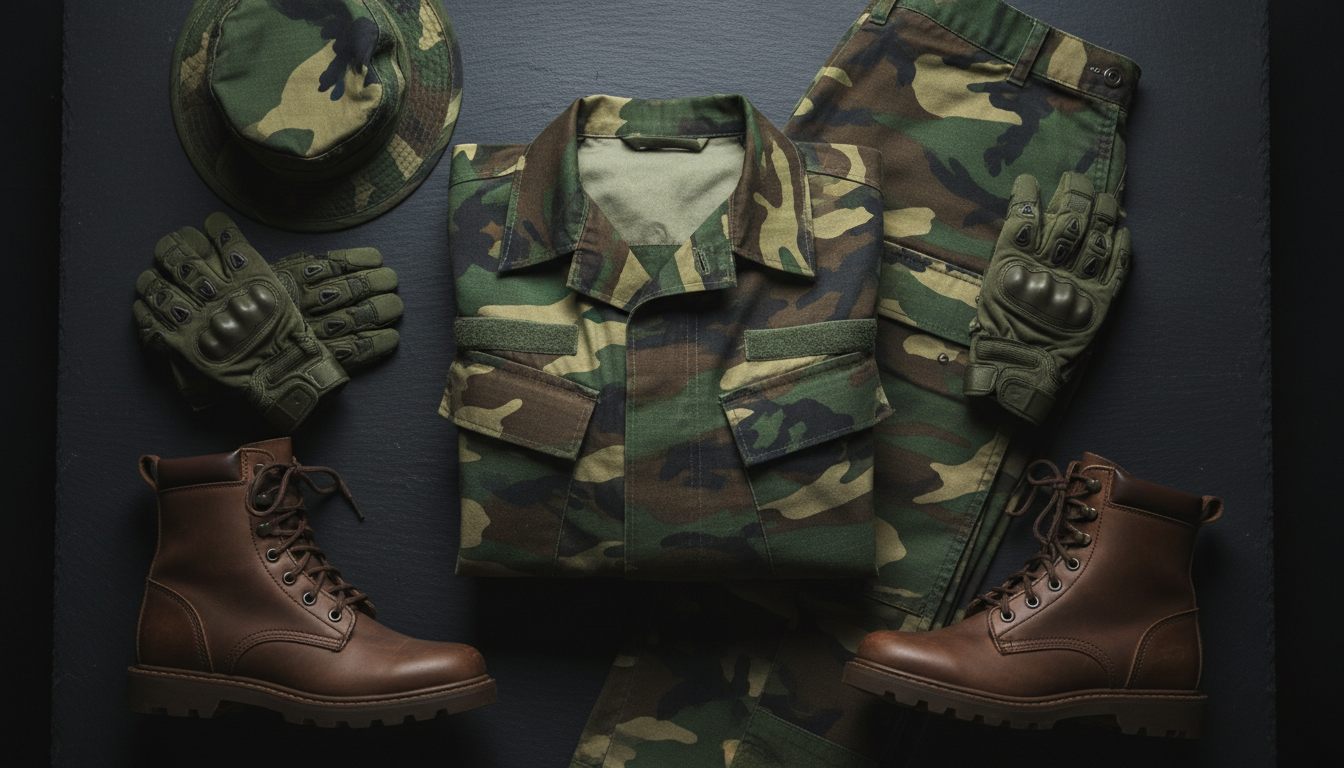Sammenfoldet camo-uniform med handsker og støvler lagt frem