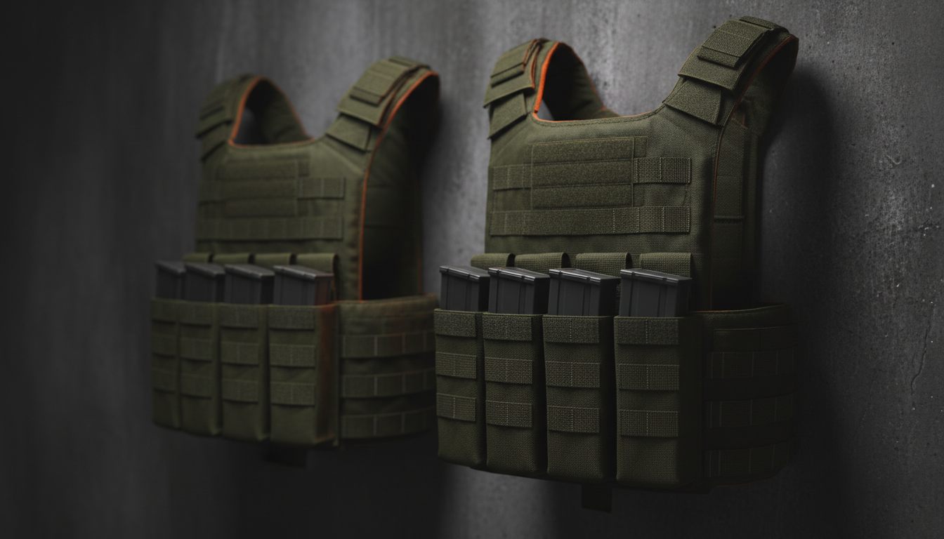 Taktisk vest og chest rig med magasinlommer hængt op mod en mørk baggrund