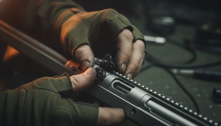 Nærbillede af hænder der justerer hop-up på et airsoft-geværs kammer
