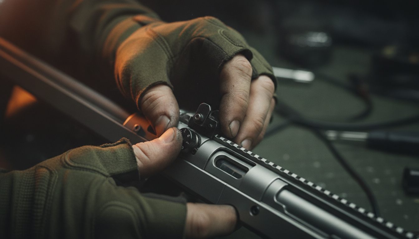 Nærbillede af hænder der justerer hop-up på et airsoft-geværs kammer