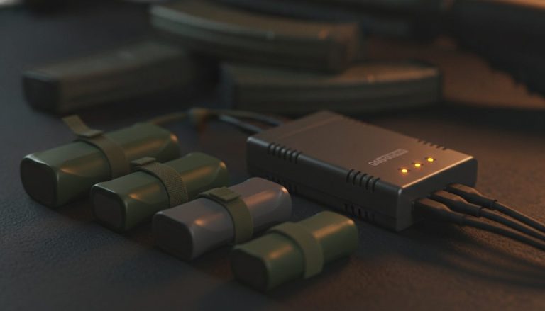LiPo-batterier og en balancelader til airsoft på en mørk overflade