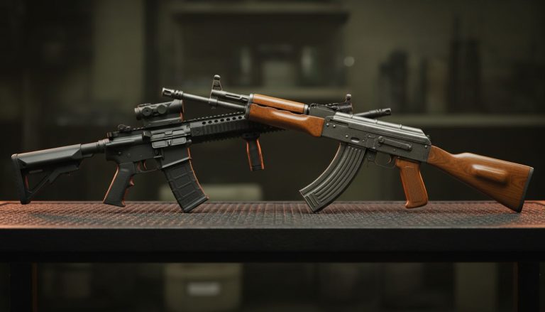 En M4/AR-15 og en AK airsoft-gevær side om side på en mørk taktisk overflade