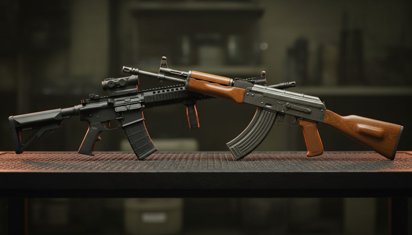 En M4/AR-15 og en AK airsoft-gevær side om side på en mørk taktisk overflade