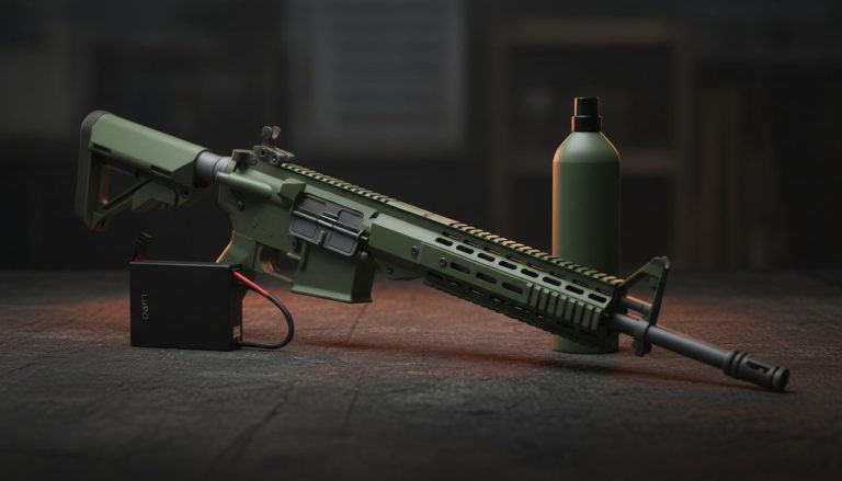 Airsoft-gevær med LiPo-batteri og en grøn gasflaske, der viser forskellige drivmidler