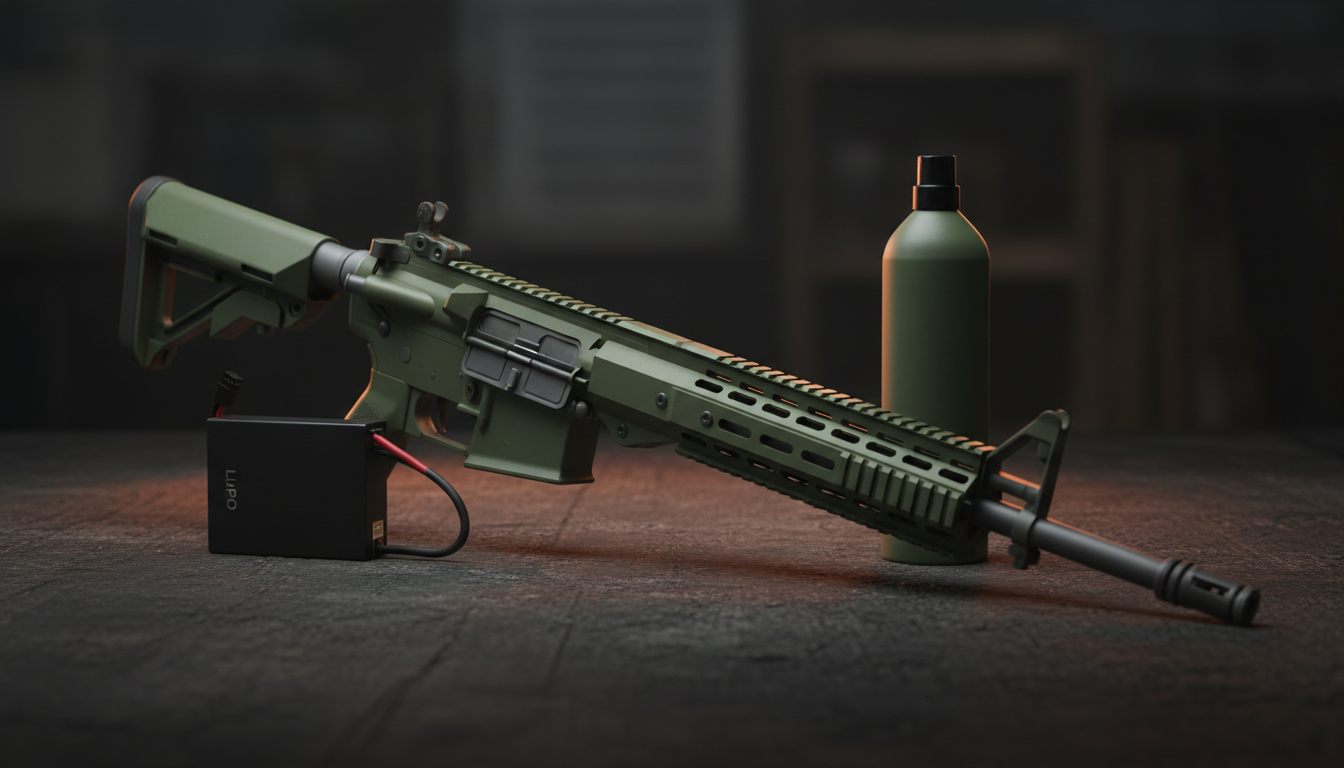 Airsoft-gevær med LiPo-batteri og en grøn gasflaske, der viser forskellige drivmidler