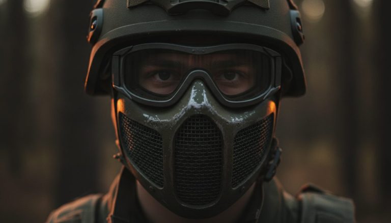 Nærbillede af en airsoft-spiller med fuldmaske og beskyttelsesbriller