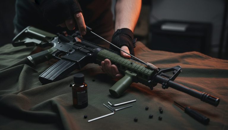 Rengøring af et airsoft-gevær med rensestav og værktøj lagt frem
